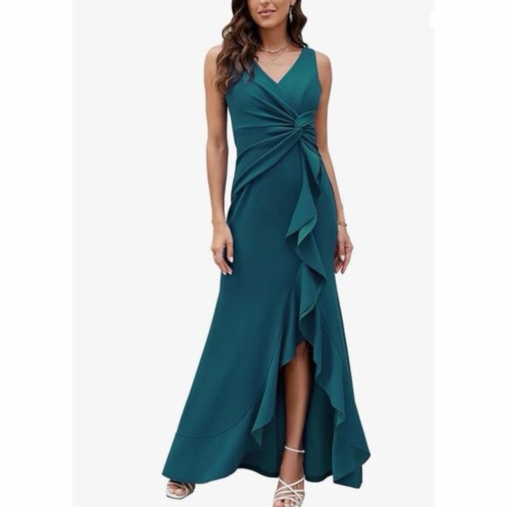 Green Ruffle Front Slit Sleeveless Gathered Waist V-Neck Cocktail Gown Small NWT